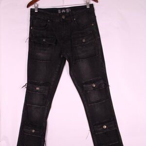 0240-Rebel Vengeance Black Moto Cargo Jeans w/ Skull Details – Size 30
